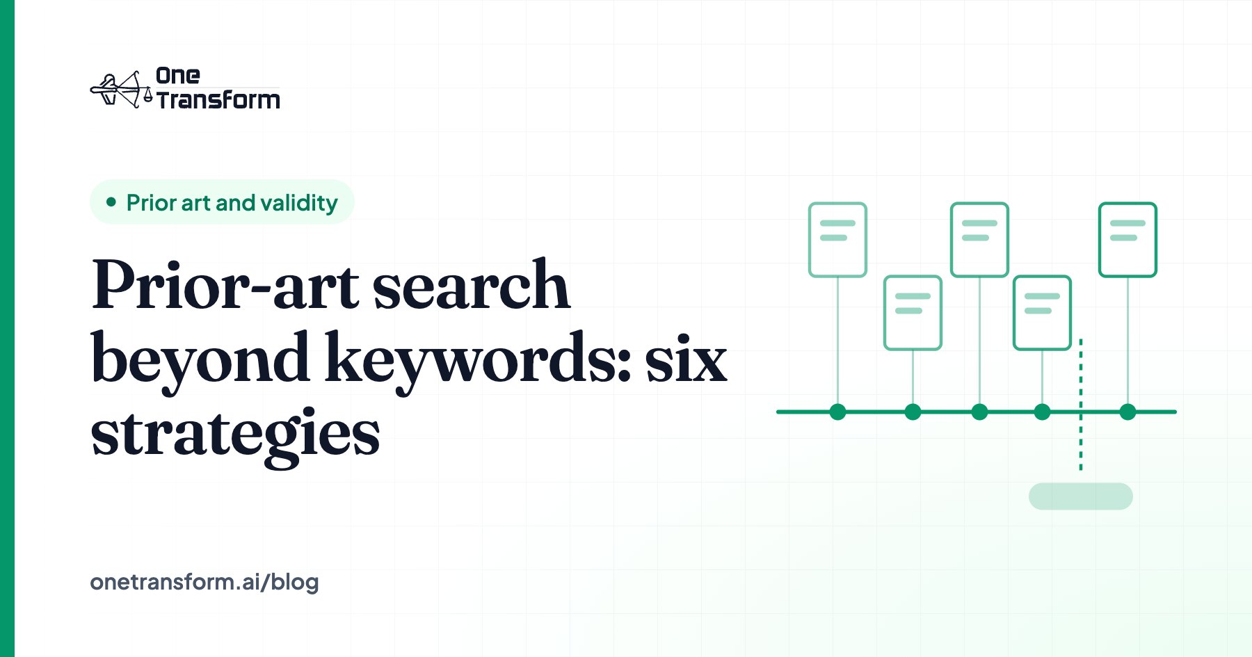 Title card for the article "Prior-art search beyond keywords: six strategies", with a prior art and validity illustration