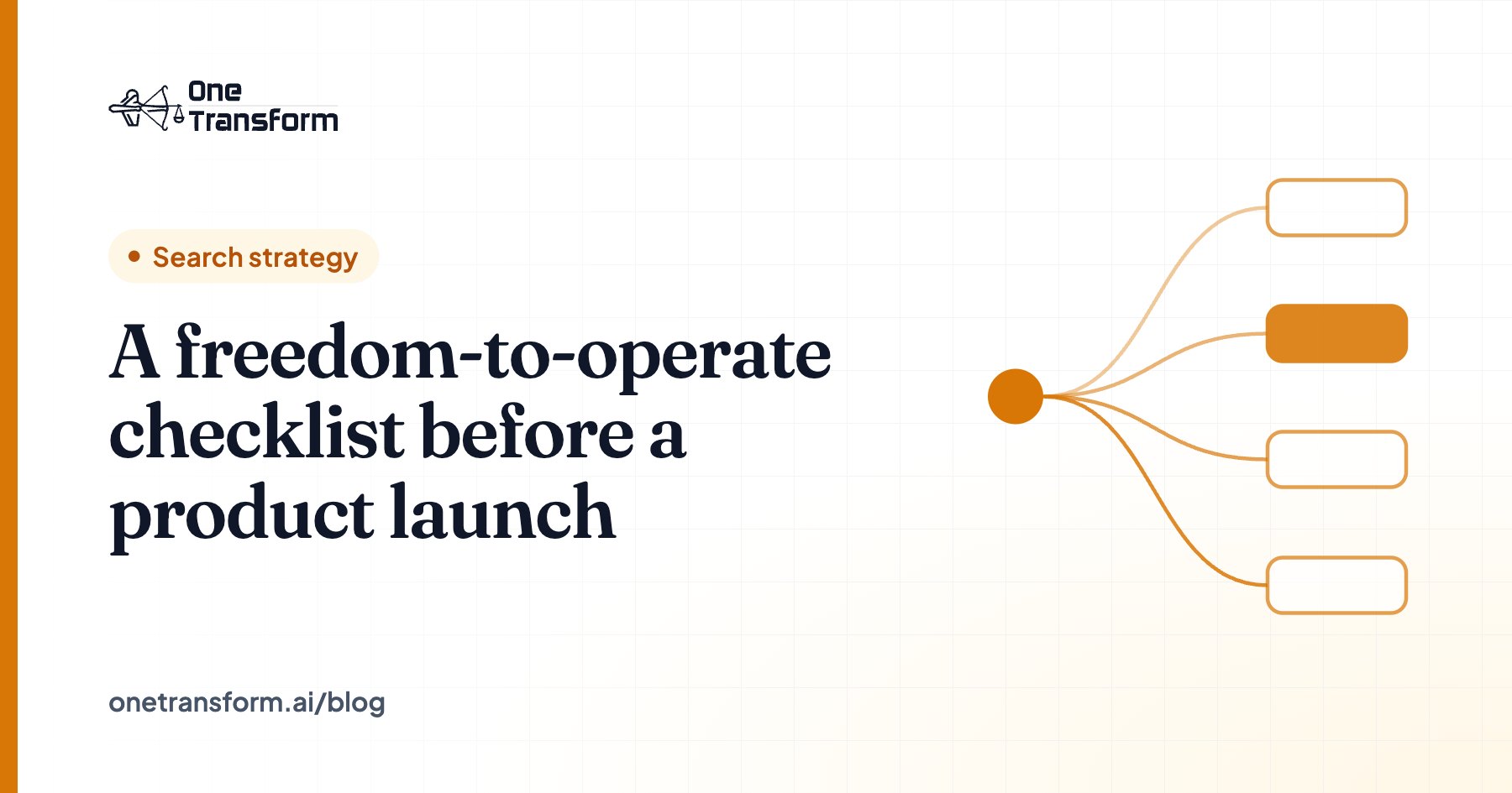 Title card for the article "A freedom-to-operate checklist before a product launch", with a search strategy illustration
