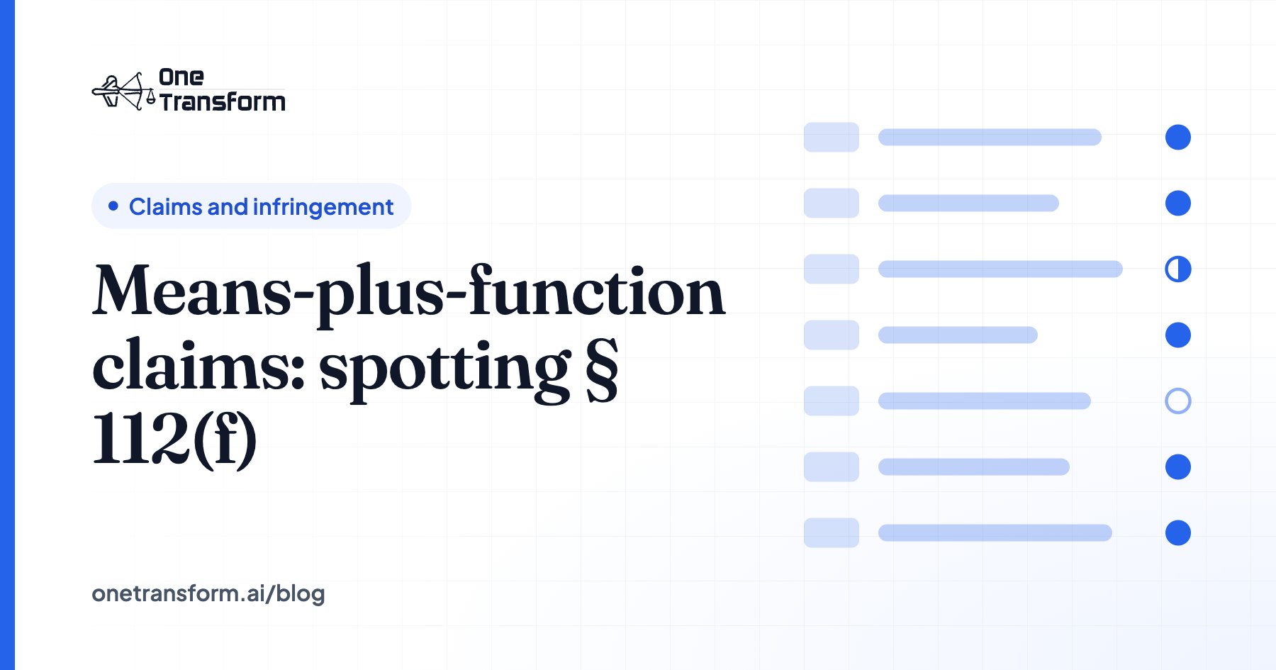 Title card for the article "Means-plus-function claims: spotting § 112(f)", with a claims and infringement illustration