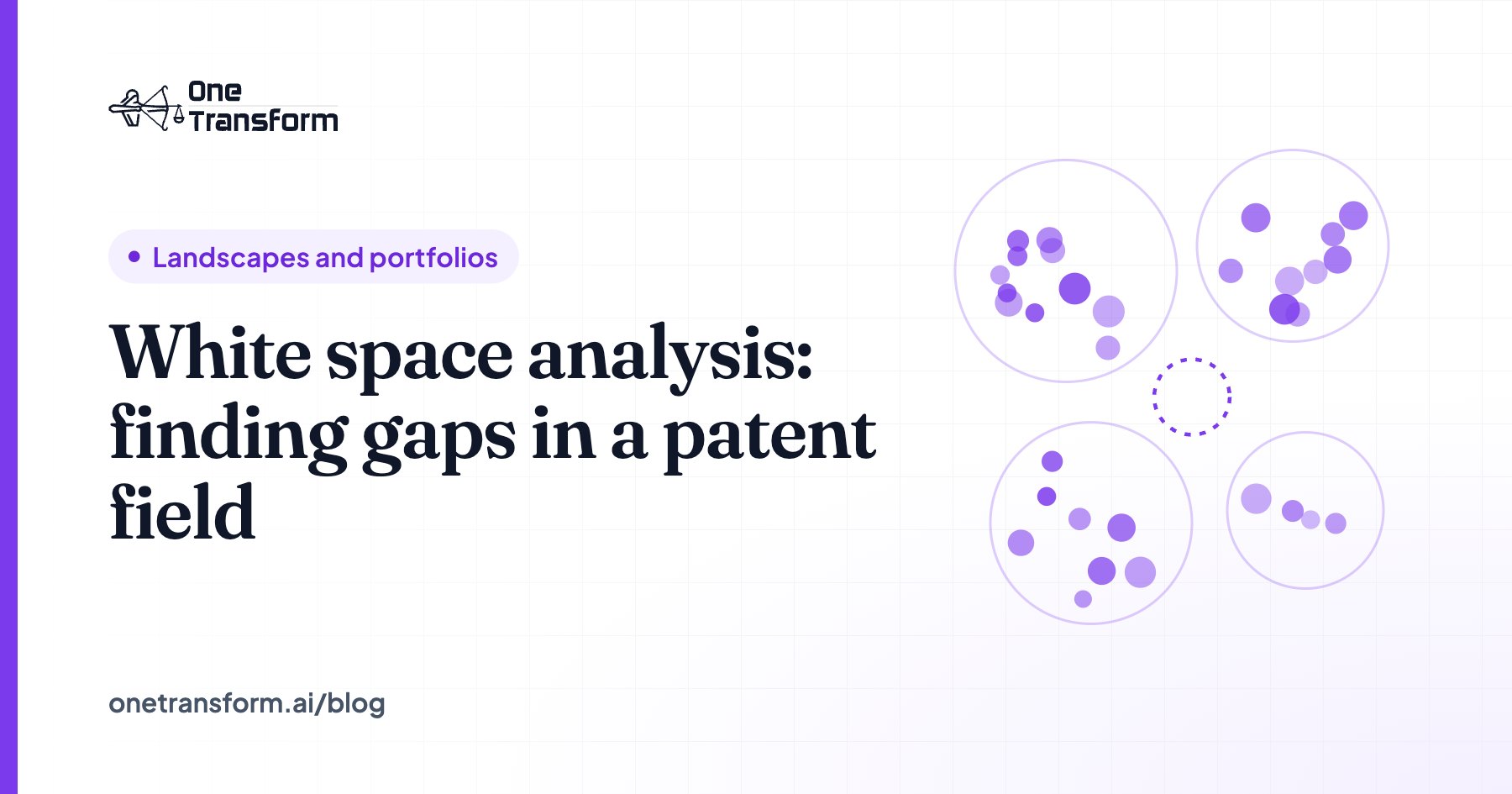 Title card for the article "White space analysis: finding gaps in a patent field", with a landscapes and portfolios illustration