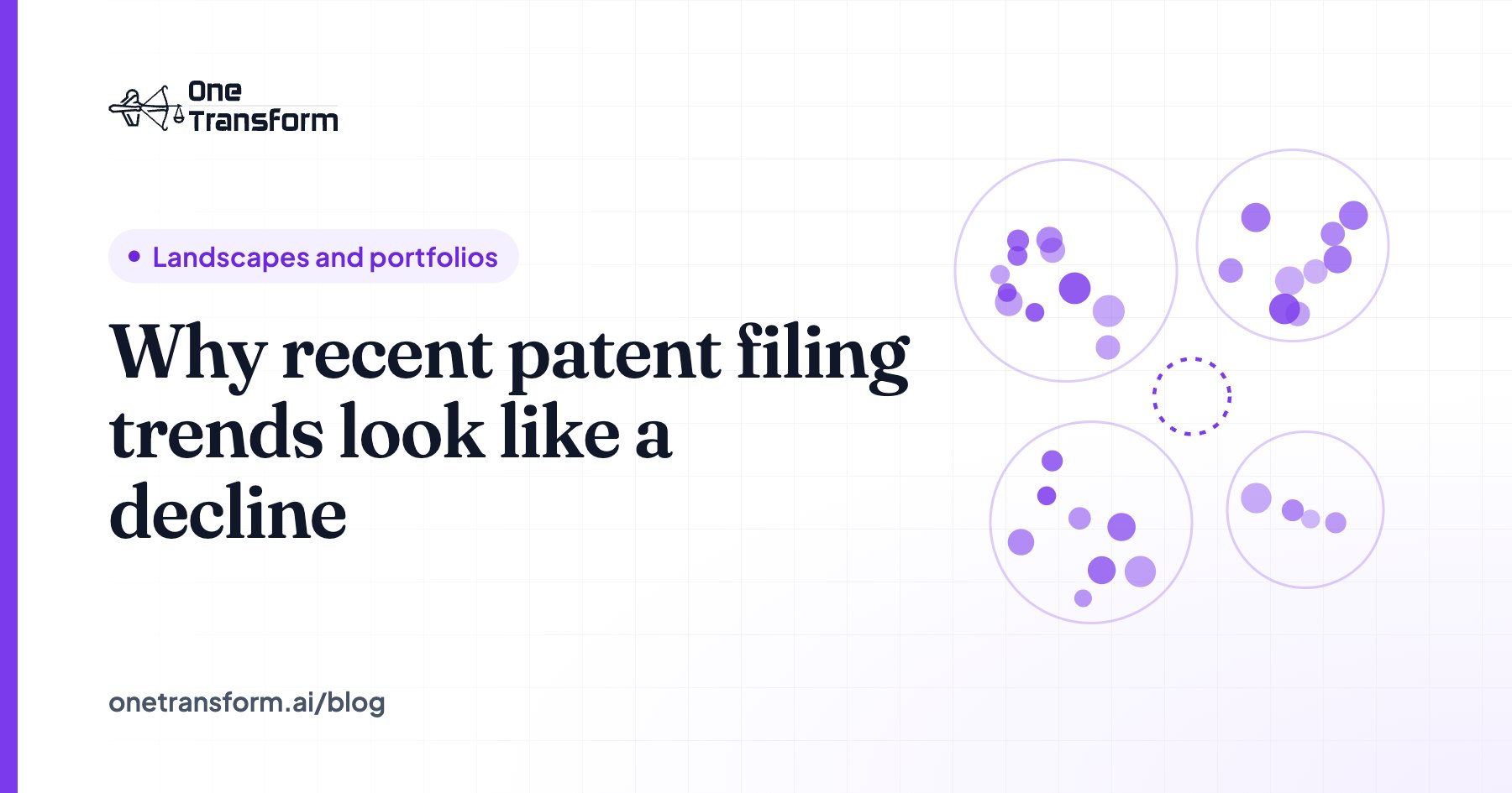 Title card for the article "Why recent patent filing trends look like a decline", with a landscapes and portfolios illustration