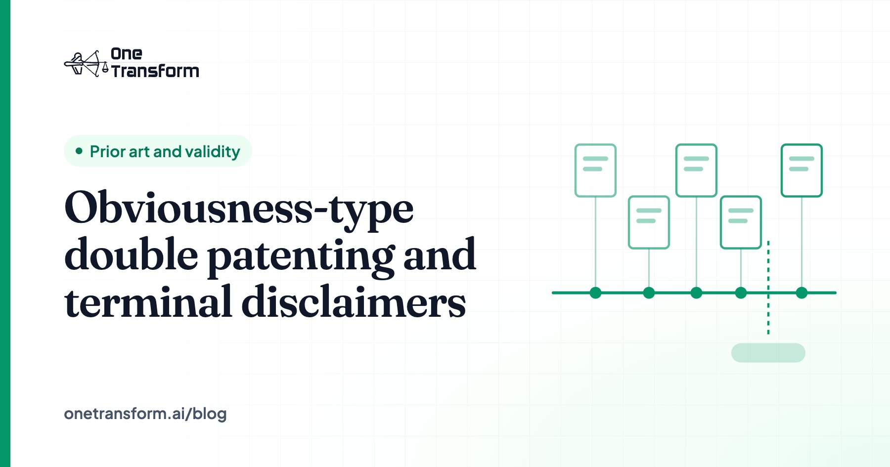 Title card for the article "Obviousness-type double patenting and terminal disclaimers", with a prior art and validity illustration
