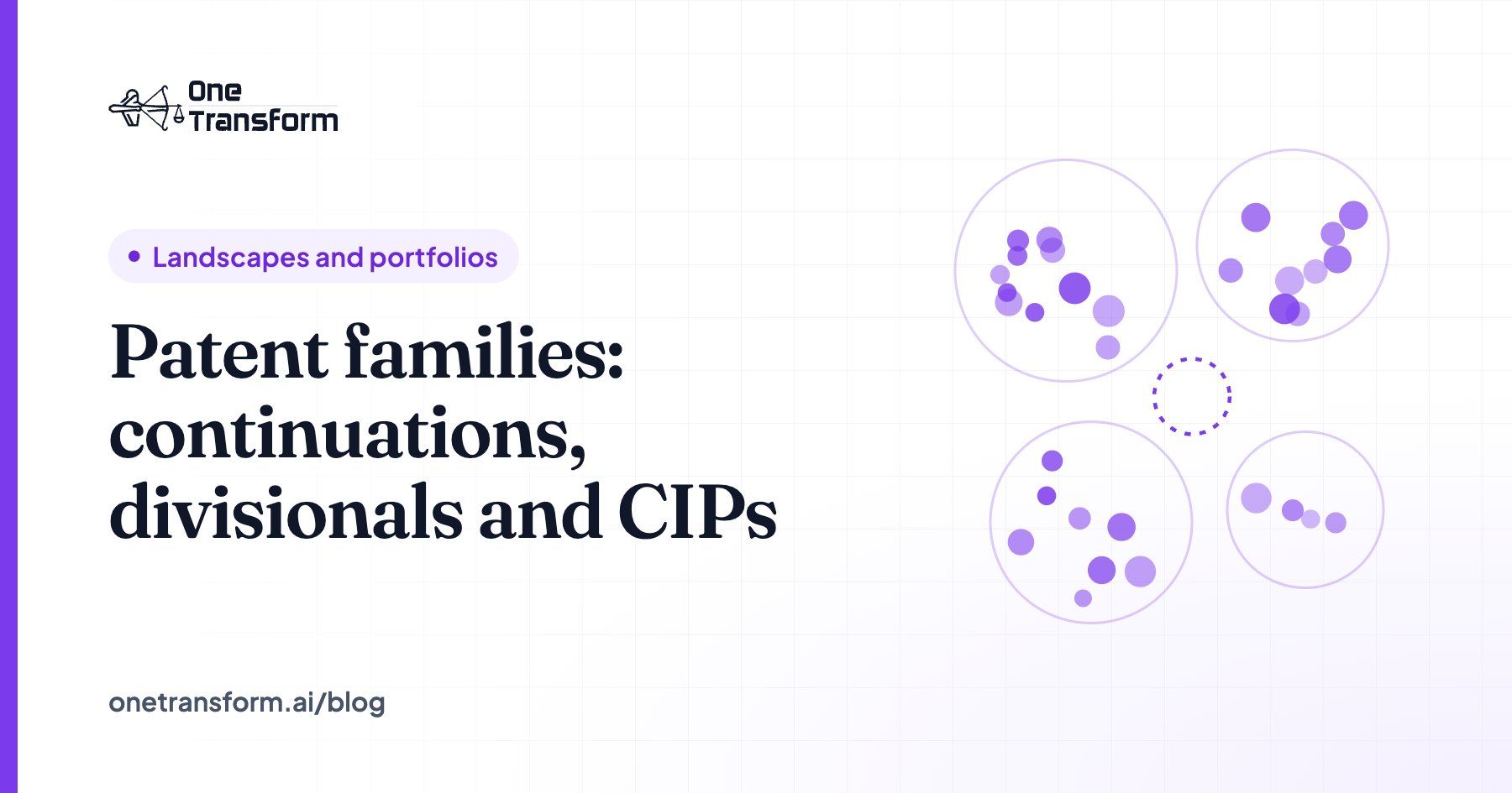 Title card for the article "Patent families: continuations, divisionals and CIPs", with a landscapes and portfolios illustration