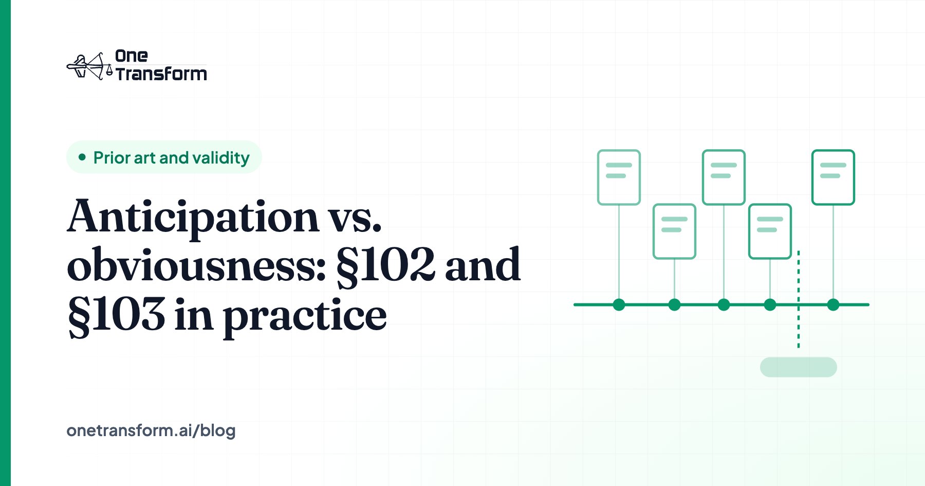 Title card for the article "Anticipation vs. obviousness: §102 and §103 in practice", with a prior art and validity illustration