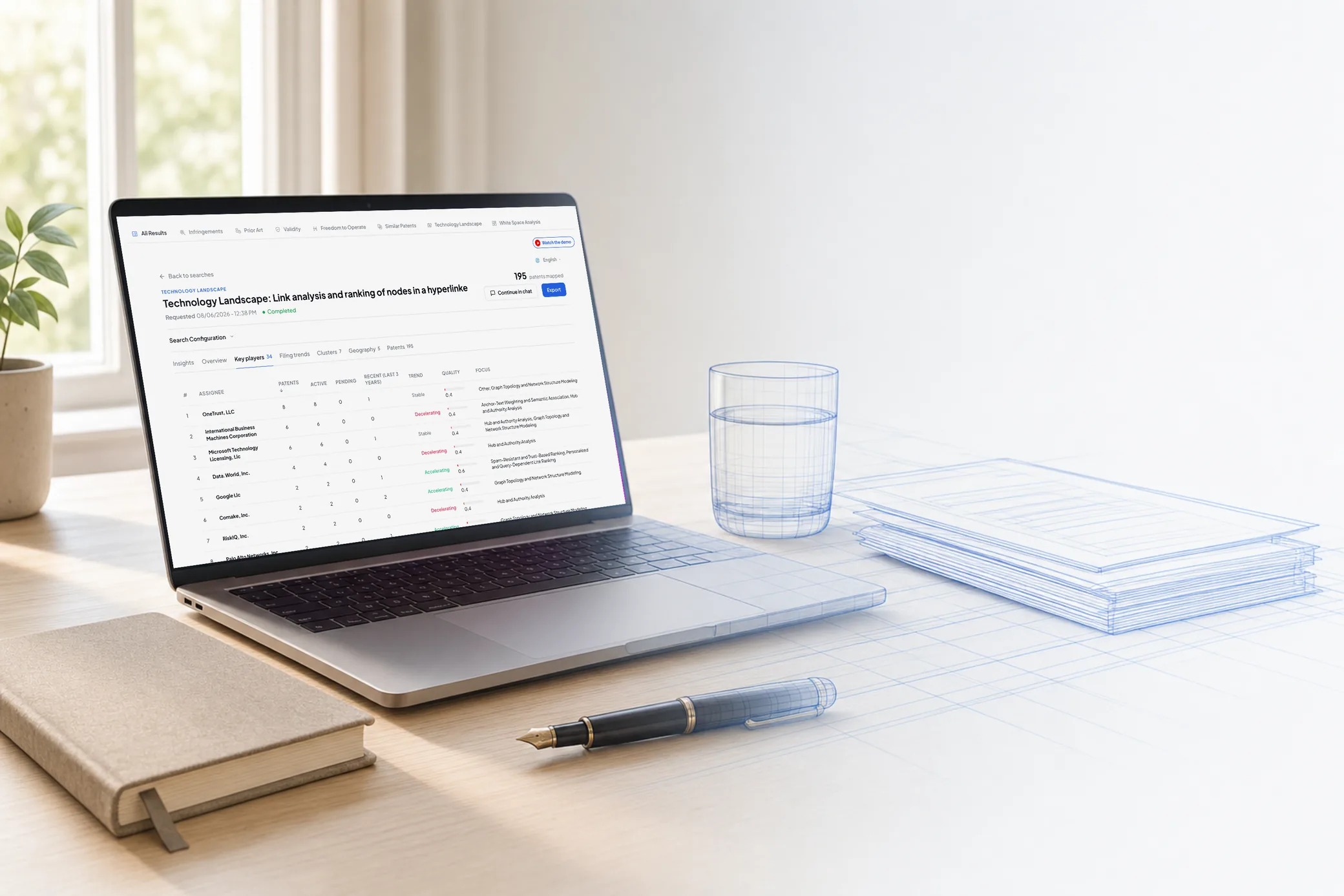 The One Transform patent workspace open on a desk, showing a technology landscape result with its ranked key players